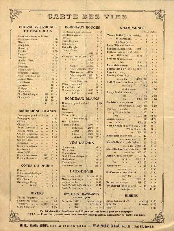 Complete Buffet de Paris wine list, 1913